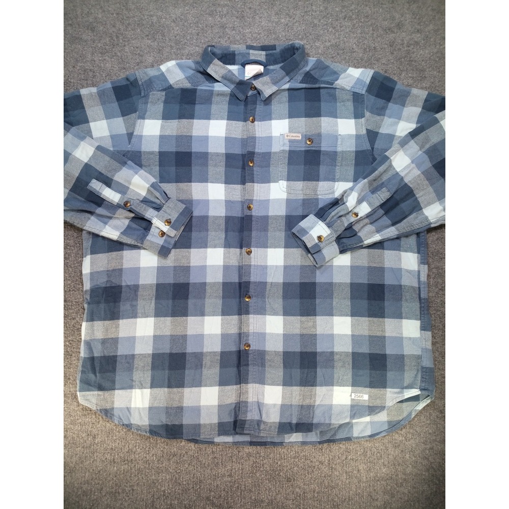 Columbia Mens 3X Tall Flannel Shirt Blue Plaid Long Sleeve Button Up Outdoor